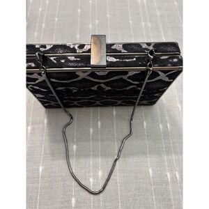 BCBG MAXAZRIA Black Silver Animal Print Clutch Purse Evening Removable Strap